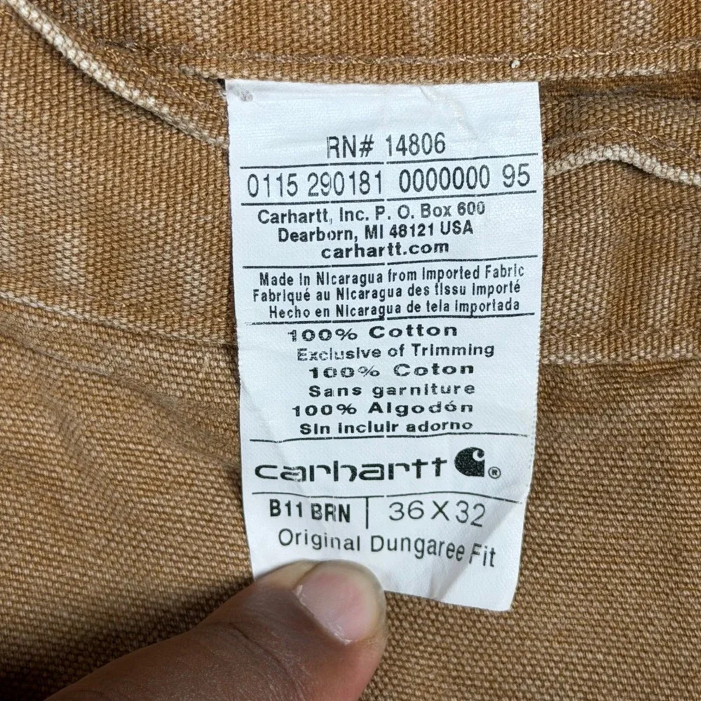 Carhartt B11 BRN Original Dungaree Fit Carpenter Pants Mens 36x32 Brown Canvas